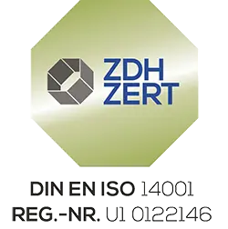 Logo der ZDH-Zertifizierung mit "ZDH ZERT" in blauer Schrift auf grünem Hintergrund. Die Zertifizierung weist auf die Einhaltung von Umweltmanagementstandards hin.